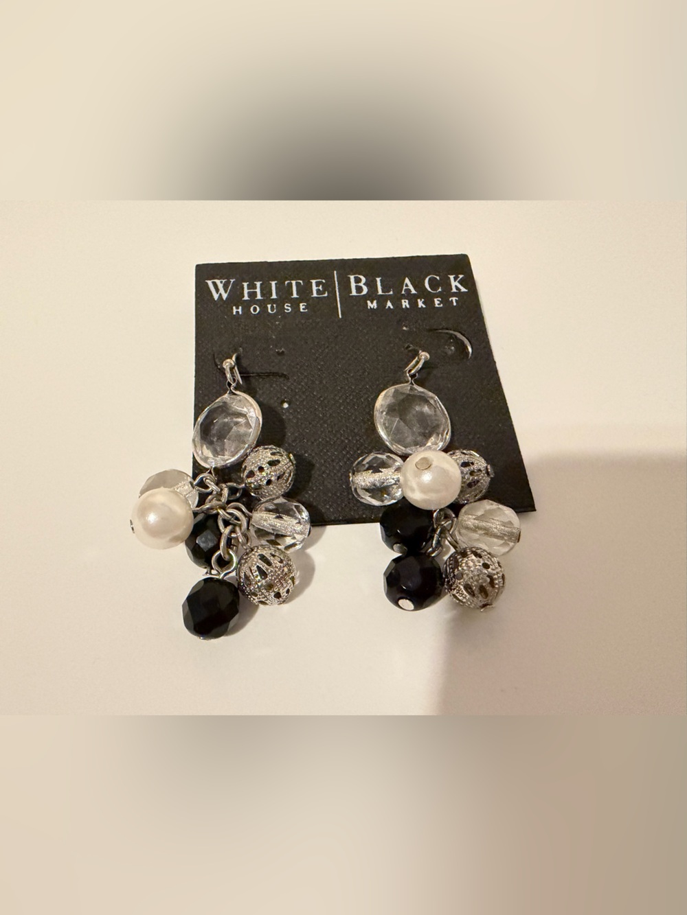 White House Black Market Black, Clear & Pearl Cluster Drop Earrings